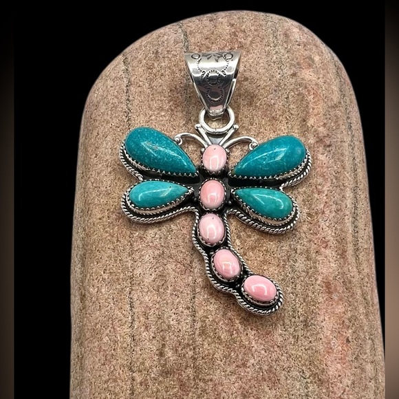 Signed Navajo Sterling Silver Turquoise Pink Conch Shell Dragonfly Pendant - Picture 1 of 4